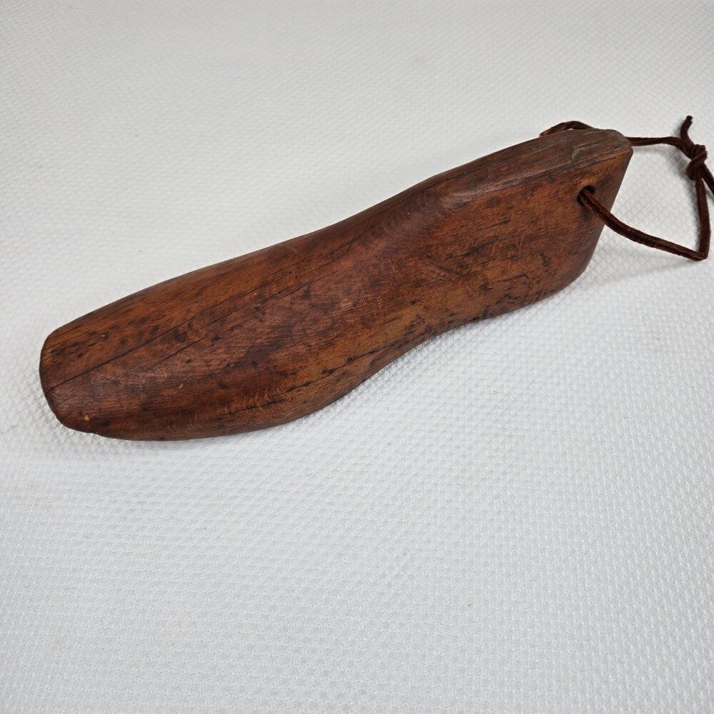 Antique Cobbler Wooden Shoe Form Leather Strap For Display Decor Primitive